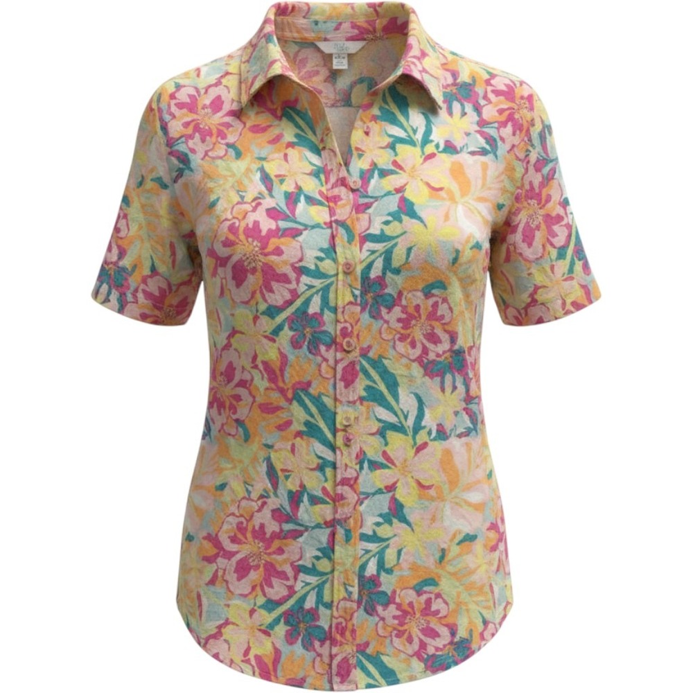 Time and Tru Womens Floral Linen Blend Button Down Shirt Pink Orange Large 12-14